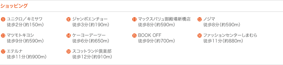 キミサワ 徒歩2分（約150m）ユニクロ 徒歩2分（約150m）ジャンボエンチョー 徒歩3分（約190m） マックスバリュ御殿場新橋店 徒歩8分（約590m）ノジマ 徒歩8分（約590m）マツモトキヨシ 徒歩9分（約590m）ケーヨーデーツー 徒歩6分（約650m）BOOK OFF 徒歩9分（約700m）ファッションセンターしまむら 徒歩11分（約880m）エテルナ 徒歩11分（約900m）スコットランド倶楽部 徒歩12分（約910m）
